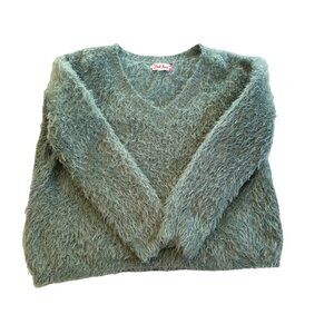 Pink Rose Womens V Neck Sweater L Lightweight Long Sleeved Fluffy Mint Green